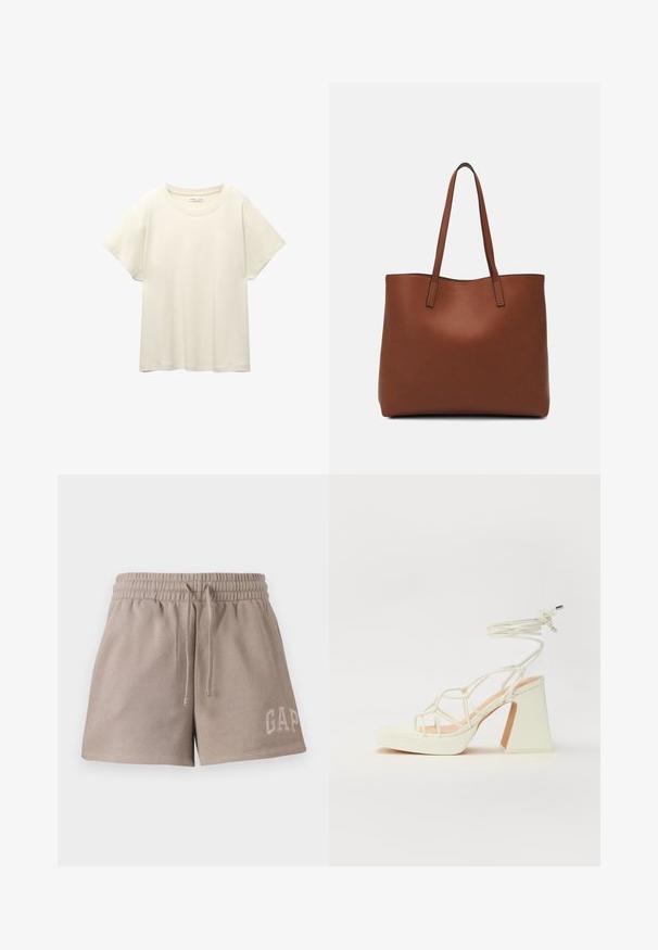 Svijetlo bež majica kratkih rukava s okruglim izrezom, izrađena od meke, glatke tkanine. Karakterizira je opušteni kroj i ravni rub.; Bež kratke hlače napravljene od mekog materijala, s elastičnom pasicom na kojoj se može regulirati i izvezenim logom "GAP" na donjem prednjem dijelu.; Bijela sandala na visokoj potpetici s debelim petom, s remenom i vezanjem oko gležnja. Glatka tekstura s platformom sprijeda za dodatnu visinu.; Smeđa kožna torba preko ramena s glatkom teksturom, otvorenim vrhom i dvjema naramenicama. Ima minimalne šavove i nema vidljivog hardvera.