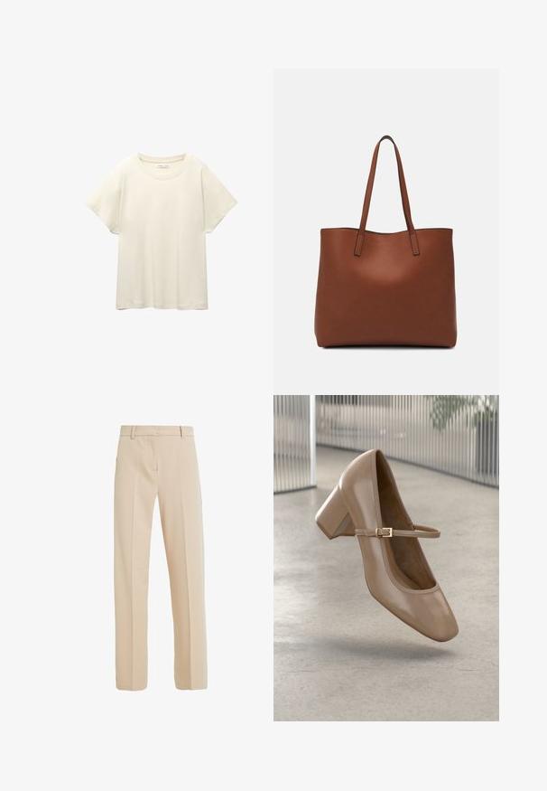 Svetle béžové tričko s krátkým rukávem a kulatým výstřihem, vyrobené z jemné, hladké tkaniny. Má uvolněný střih a rovný lem.; Béžové kalhoty na míru vyrobené z hladké látky, s rovnými nohavicemi, bočními kapsami a sklady na přední straně.; Béžová bota Mary Jane s blokovým podpatkem a tenkým páskem se zlatou sponou, zavěšená nad hladkou světle šedou podlahou v moderním interiéru.; Hnědá kožená taška přes rameno s hladkou texturou, otevřeným designem a dvěma ramenními popruhy. Obsahuje minimální švy a žádné viditelné kovové prvky.