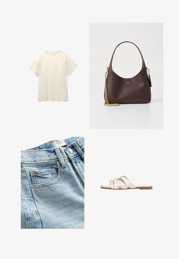 Maglietta a maniche corte beige chiaro con scollatura rotonda, realizzata in un tessuto morbido e liscio. Presenta una vestibilità comoda e un orlo dritto.; Jeans in denim azzurro chiaro a vita media, con una tasca frontale, cuciture a contrasto e accessori in metallo. Il tessuto presenta un delicato motivo testurizzato.; Infradito con suola in gomma color talpa, progettate con tre cinturini in pelle bianca sovrapposti e un piccolo dettaglio a fiocco al centro.; COACH BROOKLYN SHOULDER BAG 23 - Borsa a mano - maple