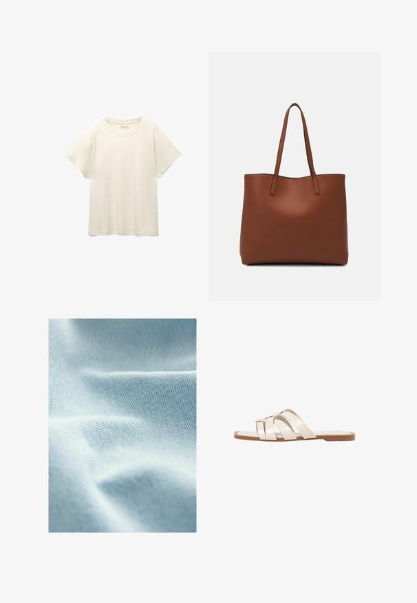 Svijetlo bež majica kratkih rukava s okruglim izrezom, izrađena od meke, glatke tkanine. Karakterizira je opušteni kroj i ravni rub.; Svijetloplavo platno s glatkom teksturom i finim dijagonalnim tkanjem, prikazuje blage nabore i suptilne varijacije u nijansi.; Ravne sandale s smeškom od gume, dizajnirane s tri preklapajuće bele kožne trake i malim detaljem mašne u sredini.; Smeđa kožna torba preko ramena s glatkom teksturom, otvorenim vrhom i dvjema naramenicama. Ima minimalne šavove i nema vidljivog hardvera.