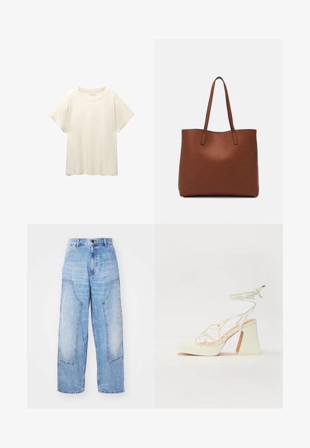 Helles beige T-Shirt mit kurzen Ärmeln und Rundhalsausschnitt, aus weichem, glattem Stoff gefertigt. Verfügt über eine lockere Passform und einen geraden Saum.; Helle blaue, weite Denim-Hosen mit zwei großen vorderen Taschen, einem Knopfverschluss und sanften Verblassungen. Genähte Akzente an den Taschen sorgen für Details.; Weiße High-Heel-Sandale mit einem klobigen Absatz, die über ein Riemchendesign und ein Knöchelband verfügt. Glatte Textur mit einer Plattform vorne für zusätzliche Höhe.; Braune Leder-Tote mit glatter Textur, offenem Oberteil und zwei Schulterriemen. Verfügt über minimale Nähte und keine sichtbaren Beschläge.