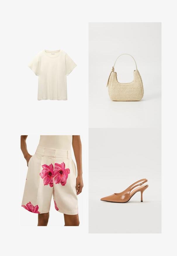 Világos bézs, rövid ujjú póló, kerek nyakkivágással, puha, sima anyagból készült. Lazán illeszkedő szabással és egyenes szegéllyel rendelkezik.; Next PETITE - FLORAL TAILORED - Rövidnadrágok - ecru pink; Fingerszűk, hegyes orrú, háttámlás sarokcipő sima, fényes barnás anyagból. Íves kivágású dizájn és karcsú stiletto sarkú. Ezüst csattal ellátva.; Bézs színű, fonott szalmakézitáska ívelt formával, rövid fogantyúval és oldalsó cipzárral. Texturált felülettel és minimalista dizájnnal rendelkezik.