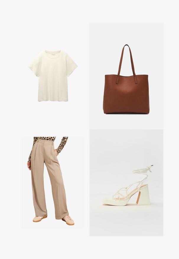 Lichtbeige t-shirt met korte mouwen en een ronde halslijn, gemaakt van zachte, gladde stof. Heeft een ontspannen pasvorm en een rechte zoom.; Beige wijde broek met plooien, voorzien van zakken en een gladde textuur. Gecombineerd met beige sneakers en een top met luipaardprint.; Witte hoge hakken sandaal met een chunky hak, met een bandjesontwerp en enkelband. Gladde textuur met een plateau voor extra hoogte.; Bruine leren tote bag met een gladde textuur, een ontwerp met een open bovenkant en twee schouderbanden. Kenmerkt zich door minimale stiksels en geen zichtbare hardware.