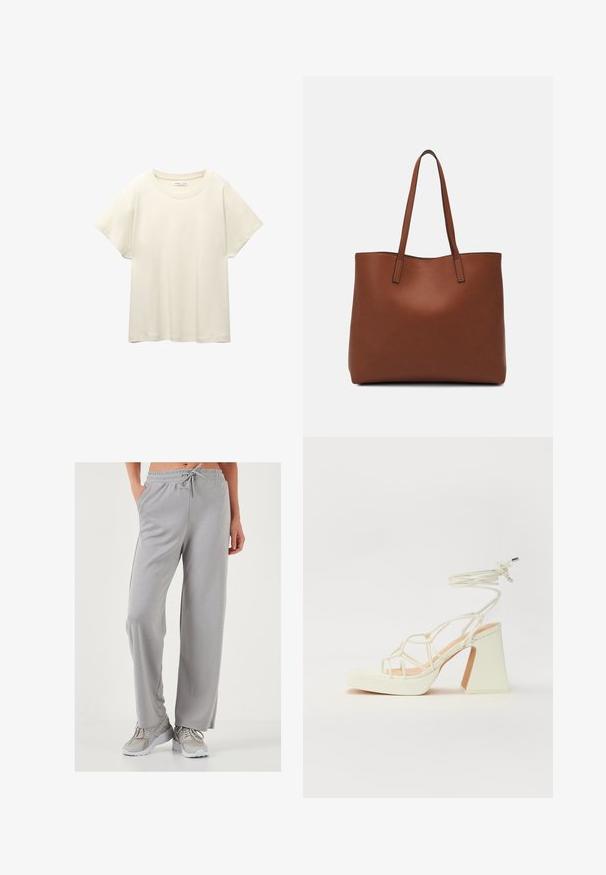 Világos bézs, rövid ujjú póló, kerek nyakkivágással, puha, sima anyagból készült. Lazán illeszkedő szabással és egyenes szegéllyel rendelkezik.; Világosszürke, bő szárú melegítőnadrág puha, sima anyagból; elasztikus derékkal és zsinórral, valamint oldalsó zsebekkel rendelkezik.; Fehér, magassarkú szandál vastag sarokkal, pántos dizájnnal és bokapánttal. Sima textúra, elülső platformmal a megnövelt magasság érdekében.; Barna bőr vászontáska sima textúrával, nyitott tetejű dizájnnal és két vállpánttal. Minimális varrással és látható hardver nélkül készült.