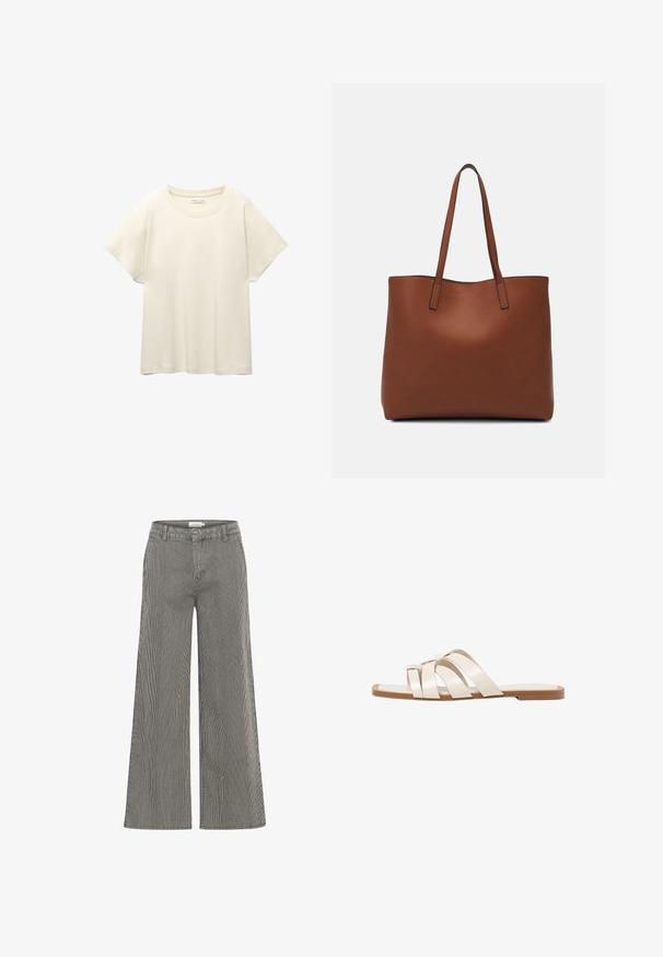 Svetlo bež kratkosleeven majica s okroglim ovratnikom, izdelana iz mehke, gladke tkanine. Ima sproščen kroj in raven rob.; Široke hlače s črno-belimi črtami in visokim pasom, opremljene z zankami za pas in gladko teksturo. Primerne za vsakodnevno ali formalno nošnjo.; Ravne sandale s svetlo rjavim gumijastim podplatom, zasnovane s tremi prekrivajočimi se belimi usnjenimi trakovi in majhnim lokom na sredini.; Rjava usnjena torba z gladko teksturo, odprto zasnovo zgoraj in dvema naramnima trakovoma. Opremljena je z minimalnim šivanjem in brez vidnih kovinskih delov.