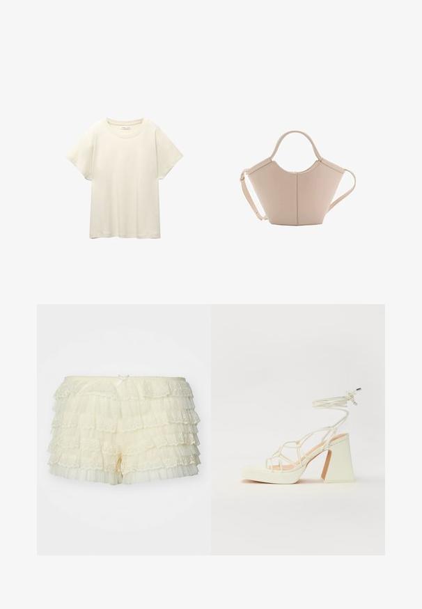 Light beige short-sleeve t-shirt with a round neckline, made of soft, smooth fabric. Features a relaxed fit and straight hemline.; Jaded London VANILLA RHEA BLOOMER - Shorts - cream; White high-heeled sandal with a chunky heel, featuring a strappy design and ankle tie. Smooth texture with a platform front for added height.; Beige leather handbag with a unique shape, featuring two short handles and a long adjustable strap. Smooth texture with minimal hardware.