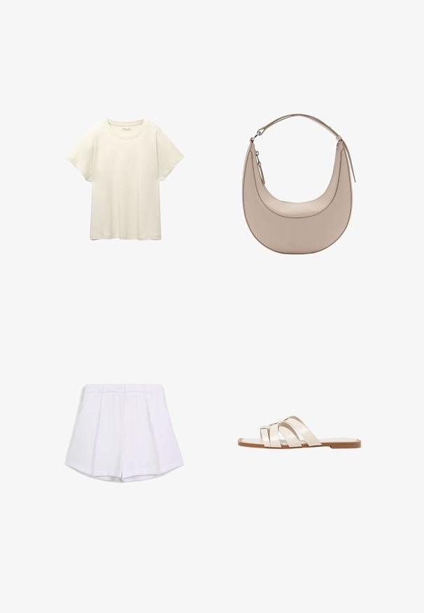 T-shirt beige clair à manches courtes avec un col rond, fabriqué en tissu doux et lisse. Présente une coupe décontractée et un ourlet droit.; Shorts plissés blancs avec une taille structurée, deux poches latérales et une texture lisse. L'ourlet se courbe légèrement vers le haut.; Sandales plates avec une semelle en caoutchouc beige, conçues avec trois brides en cuir blanc se chevauchant et un petit nœud au centre.; Sac à épaule en cuir beige de forme croissante, texture lisse, avec une seule poignée courbée. Il possède une fermeture zippée et des coutures soignées.