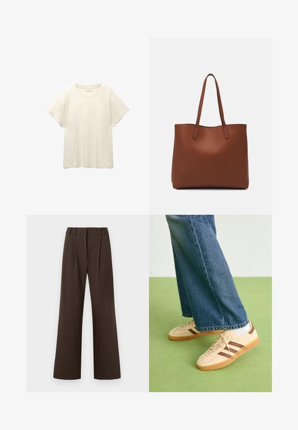 Világos bézs, rövid ujjú póló, kerek nyakkivágással, puha, sima anyagból készült. Lazán illeszkedő szabással és egyenes szegéllyel rendelkezik.; Barna, bőszárú nadrág magas derékkal, elöl redőzéssel, sima, mintázat vagy díszítés nélküli anyagból.; Beige sportcipők textúrált krém színű panelek és barna csíkok részletezésével, kék farmernadrággal párosítva. A farmer széles szárú és rojtos szegéllyel rendelkezik.; Barna bőr vászontáska sima textúrával, nyitott tetejű dizájnnal és két vállpánttal. Minimális varrással és látható hardver nélkül készült.