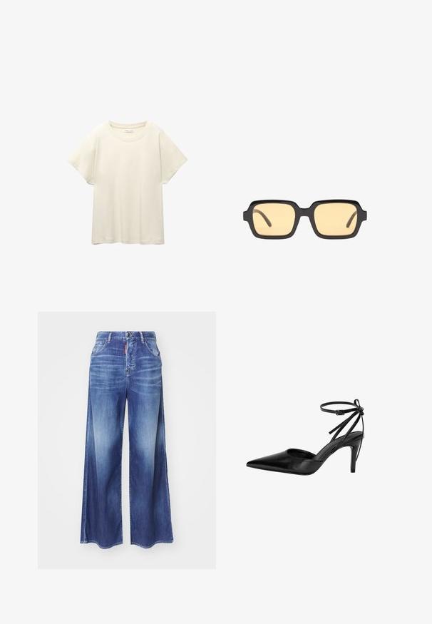 Vaaleanbeige lyhythihainen t-paita, jossa on pyöreä kaula-aukko, valmistettu pehmeästä ja sileästä kankaasta. Ominaisuuksina rento mitta ja suora helma.; Kape lempang biru dari denim dengan finishing yang pudar, dilengkapi dengan kantong depan dan penutupan kancing. Bahan terbuat dari katun dengan tekstur yang halus.; Musta, kärjen terävä korkeakantainen sandaali, jossa on leikattu muotoilu ja säädettävä nilkkahihna. Kengässä on sileä, kiiltävä pinta ja hoikka korko.; Mustat suorakulmaiset aurinkolasit keltaisilla linsseillä, kevytrakenteinen kehys ja erottuvat tylppäpäät tempuissa. Sujuva, kiiltävä pinta.