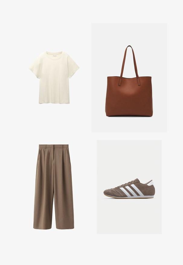 Lys beige kortærmet t-shirt med rund halsudskæring, lavet af blødt, glat stof. Har en afslappet pasform og lige forneden.; Brune, vide bukser med en glat tekstur, frontfolder og høj talje. Har et skræddersyet design og sidelommer.; Brune ruskind atletisk sko med hvide striber, rund tå, snørebåndsdesign og gummisål. Tekstureret overdel med syningsdetaljer.; Brun læder tote taske med en glat overflade, åben topdesign og to skulderremme. Har minimal syning og ingen synlig hardware.