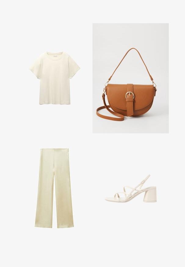 Lichtbeige t-shirt met korte mouwen en een ronde halslijn, gemaakt van zachte, gladde stof. Heeft een ontspannen pasvorm en een rechte zoom.; Zijdeachtige wijde broek in een lichte crème kleur. Glad textuur, geen zichtbare naden, en een vloeiende ontwerp met een rechte snit van taille tot zoom.; Beige hoge sandalen met slanke, gekruiste banden, open teen en een vierkante blokhak. Gladde patenten afwerking, verstelbare enkelband.; Bruine leren schoudertas met een gebogen vorm, gouden hardware en een gespaccent. Bevat een afneembare schouderriem.