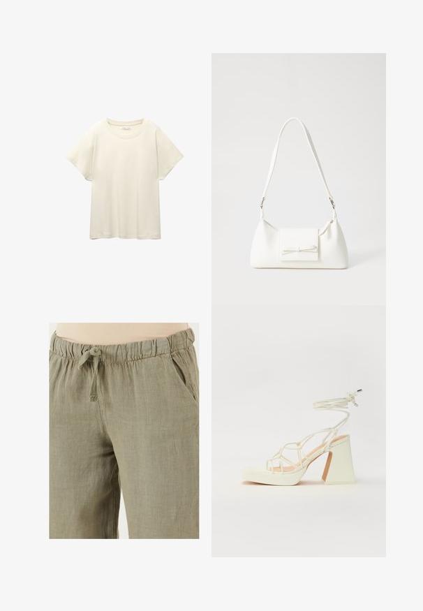 Világos bézs, rövid ujjú póló, kerek nyakkivágással, puha, sima anyagból készült. Lazán illeszkedő szabással és egyenes szegéllyel rendelkezik.; Világos olajzöld len nadrág, elasztikus derékkal és zsinórral; oldalsó zsebekkel és laza szabással rendelkezik.; Fehér, magassarkú szandál vastag sarokkal, pántos dizájnnal és bokapánttal. Sima textúra, elülső platformmal a megnövelt magasság érdekében.; Fehér szintetikus kézitáska, háromszög alakú, lapos előlap, masni részlettel, állítható pánttal, sima textúrával és minimalista dizájnnal.