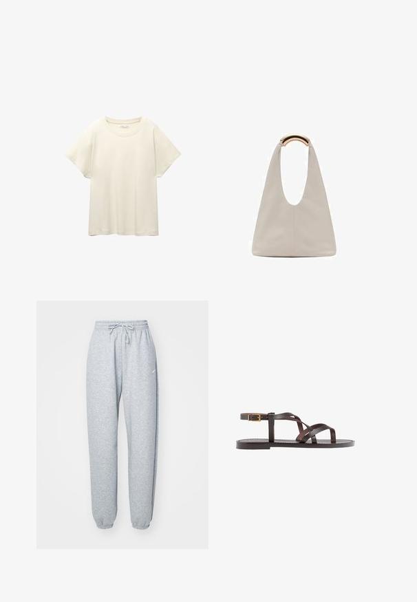 Jasno beżowa, krótko rękawowa koszulka z okrągłym dekoltem, wykonana z miękkiego, gładkiego materiału. Posiada luźny krój i prosty dół.; Jasnoszare spodnie dresowe wykonane z miękkiej mieszanki bawełny, z elastycznym stanem i sznurkiem, zwężanymi nogawkami oraz ściągaczami. Minimalna grafika.; Brązowe skórzane sandały z krzyżującymi się paskami, zapięciem na klamrę przy kostce oraz płaską podeszwą z minimalnymi detalami szycia.; Jasnoszara skórzana torba o kształcie litery U z zakrzywionym metalowym uchwytem. Gładka tekstura z minimalnymi szwami i bez widocznych wzorów.