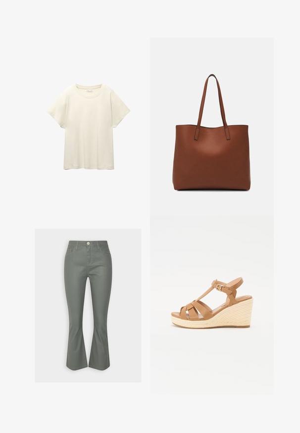 Svetlo bež kratkosleeven majica s okroglim ovratnikom, izdelana iz mehke, gladke tkanine. Ima sproščen kroj in raven rob.; Sive flare jeans iz denima z sprednjimi žepi, gumbnim zapiranjem in rahlim sijajem. Gladka tekstura z kontrastnimi detajli šivanja.; Sandalice z večjim peto v bež barvi z navzkrižno naramnicami, nastavljivim paščkom okoli gležnja in teksturirano pleteno espadrillo-stil peto.; Rjava usnjena torba z gladko teksturo, odprto zasnovo zgoraj in dvema naramnima trakovoma. Opremljena je z minimalnim šivanjem in brez vidnih kovinskih delov.