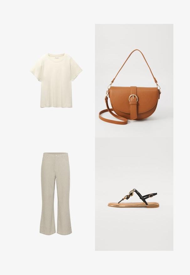 Svetlo béžové tričko s krátkym rukávom a okrúhlym výstrihom, vyrobené z jemnej, hladkej tkaniny. Má voľný strih a rovný lem.; Béžové rozšírené nohavice s textúrovaným ryhovaným vzorom, s predným zapínaním na gombík a vreckami. Tkanina vyzerá mäkko s jemným leskom.; Čierne ploché sandále s reťazovým detailom, tenkými popruhmi a hnedou podrážkou. Obsahujú zlaté akcenty a minimalistický dizajn.; Hnedá kožená kabelka cez telo s zakriveným tvarom, zlatými kovovými doplnkami a akcentom s prackou. Obsahuje odnímateľný ramenný popruh.