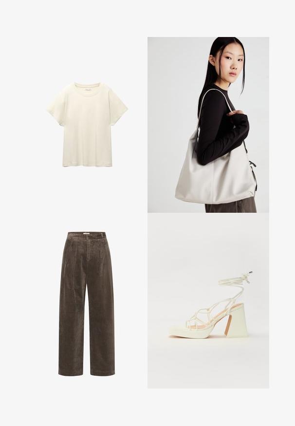 Lichtbeige t-shirt met korte mouwen en een ronde halslijn, gemaakt van zachte, gladde stof. Heeft een ontspannen pasvorm en een rechte zoom.; Bruine corduroy wijde broek met plooien, met een zachte textuur en een medium hoge taille. De zoomafwerkingen zijn schoon en recht.; Witte hoge hakken sandaal met een chunky hak, met een bandjesontwerp en enkelband. Gladde textuur met een plateau voor extra hoogte.; Beige handtas gemaakt van zacht materiaal, met een slonzig ontwerp, gestikte details en twee schouderbanden. Geschikt voor dagelijks gebruik.