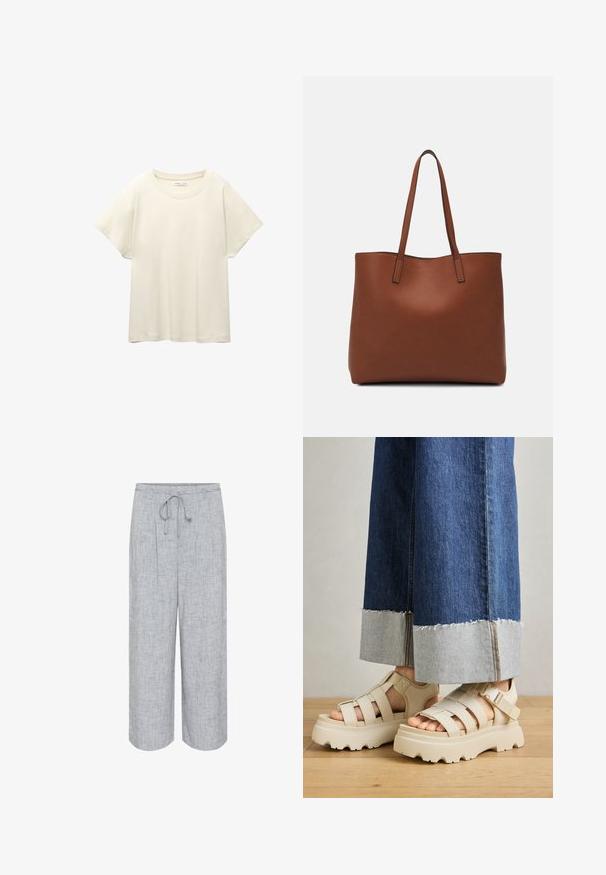Svetlo bež kratkosleeven majica s okroglim ovratnikom, izdelana iz mehke, gladke tkanine. Ima sproščen kroj in raven rob.; Svetlo sivi široki hlače iz teksturiranega blaga z vrvico v pasu in subtilnim vzorcem, ki vključujejo tudi gube za dodaten detajl.; Bež platformske sandale s debelimi podplati imajo trakove in nastavljive gležnjske trakove. Ustrezajo širokim jeans hlačam, pri katerih je eden robov razfrčan.; Rjava usnjena torba z gladko teksturo, odprto zasnovo zgoraj in dvema naramnima trakovoma. Opremljena je z minimalnim šivanjem in brez vidnih kovinskih delov.