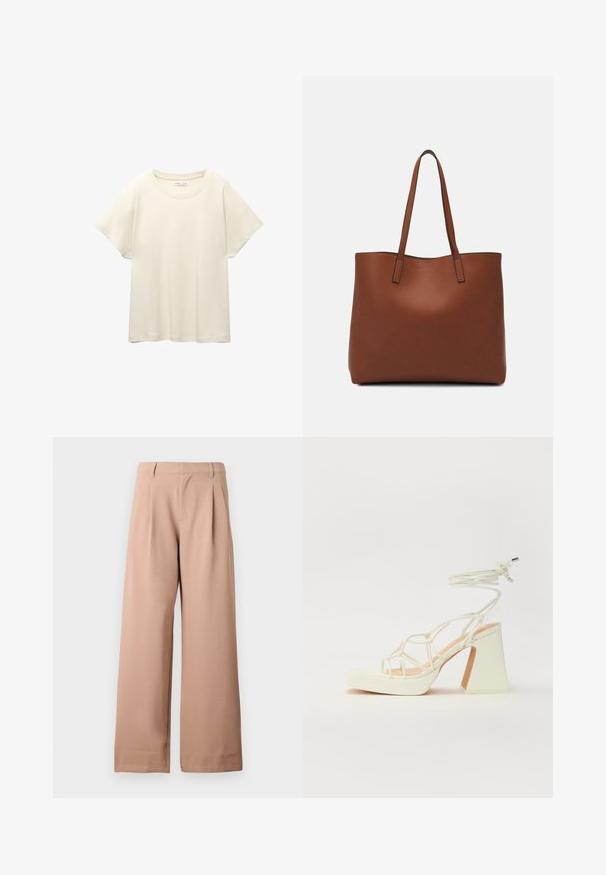 Lys beige kortærmet t-shirt med rund halsudskæring, lavet af blødt, glat stof. Har en afslappet pasform og lige forneden.; Beige bukser med bred benvidde, bæltesløjfer, læg ved taljen og flad front, præsenteret mod en ensfarvet hvid baggrund.; Hvide højhælede sandaler med en kraftig hæl, der har et stropdesign og ankelbinding. Glat tekstur med en platform foran for ekstra højde.; Brun læder tote taske med en glat overflade, åben topdesign og to skulderremme. Har minimal syning og ingen synlig hardware.