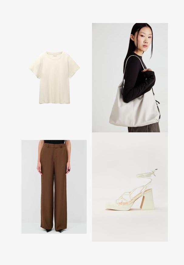 Vaaleanbeige lyhythihainen t-paita, jossa on pyöreä kaula-aukko, valmistettu pehmeästä ja sileästä kankaasta. Ominaisuuksina rento mitta ja suora helma.; Ruskeat leveät housut, joissa on sileä pinta, varustettu vyölenkeillä ja laskoksilla, yhdistetty mustiin korkokenkiin erottuvan ilmeen saavuttamiseksi.; Valkoinen korkokenkä, jossa on paksu korko, ja joka sisältää nauhakiinnityksen ja nilkkaketjun. Sujuva pinta, jossa on platform-etupohja lisäkorkeutta varten.; Beige laukku, joka on valmistettu pehmeästä materiaalista, ja siinä on rento muotoilu, ommeltu yksityiskohtia ja kaksi olkahihnaa. Sopii päivittäiseen käyttöön.