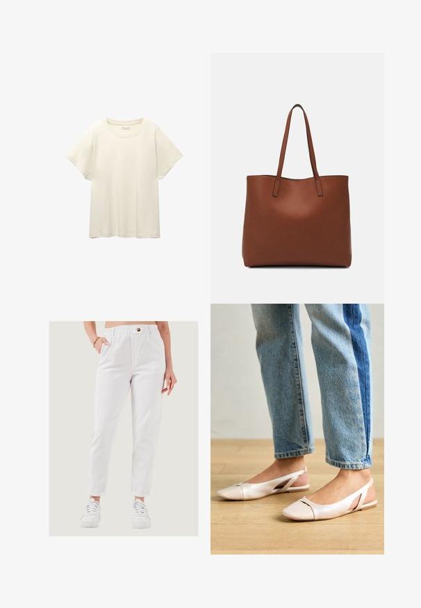 Svetlo bež kratkosleeven majica s okroglim ovratnikom, izdelana iz mehke, gladke tkanine. Ima sproščen kroj in raven rob.; Bele hlače z elastičnim pasom, gumbom, stranskimi žepi, zožanimi nogami in zavitimi robovi, oblečene z belimi supergami na svetli podlagi.; Svijetloružičaste slingback balerinke s šiljastim nožnim prstima, napravljene od glatkog materijala nalik koži. Imaju izrezane detalje sa strane i ravne pete.; Rjava usnjena torba z gladko teksturo, odprto zasnovo zgoraj in dvema naramnima trakovoma. Opremljena je z minimalnim šivanjem in brez vidnih kovinskih delov.