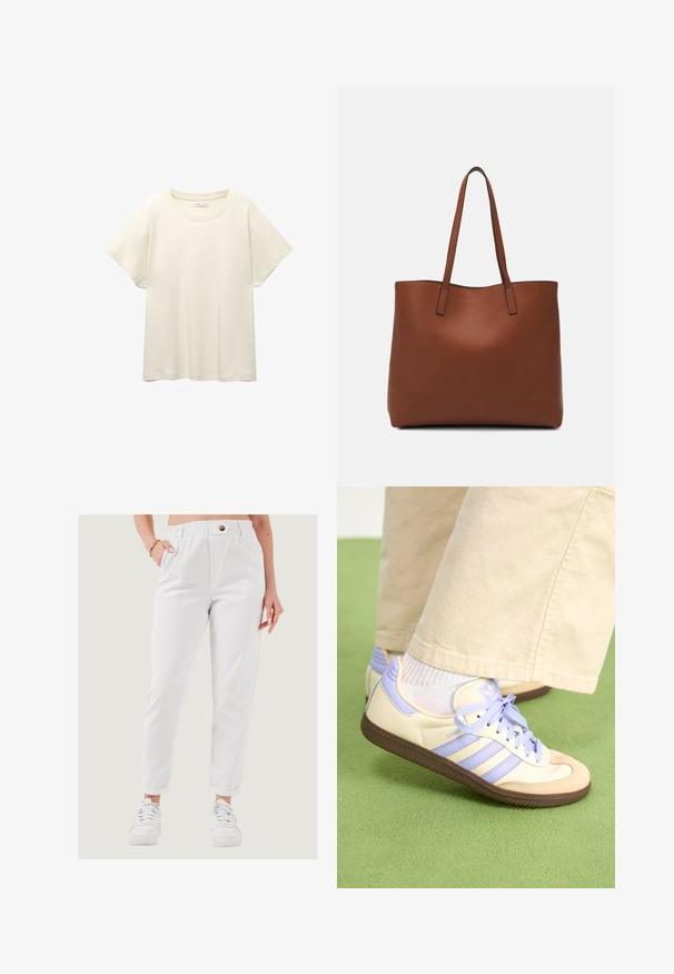 Lichtbeige t-shirt met korte mouwen en een ronde halslijn, gemaakt van zachte, gladde stof. Heeft een ontspannen pasvorm en een rechte zoom.; Witte, elastische broek met een knoopdetail, zijzakken, taps toelopende pijpen en opgerolde mouwen, gedragen met witte sneakers op een lichte achtergrond.; Crème- en lavendel-sneakers met drie strepen en een gestructureerde bruine zool, voorzien van veters en een gewatteerde hiel. Zachte stoffen bovenkant.; Bruine leren tote bag met een gladde textuur, een ontwerp met een open bovenkant en twee schouderbanden. Kenmerkt zich door minimale stiksels en geen zichtbare hardware.