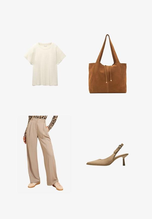 Vaaleanbeige lyhythihainen t-paita, jossa on pyöreä kaula-aukko, valmistettu pehmeästä ja sileästä kankaasta. Ominaisuuksina rento mitta ja suora helma.; Beige leve trousers, pleated front, high waist, dengan kantong selip, dipadukan dengan sepatu sneaker berwarna terang. Kainnya tampak halus dan terstruktur.; Beige slingback-korkokenkiä, joissa on terävä kärki, teksturoitu mokkanahka ja hoikka korko. Varustettu säädettävällä soljella turvallista istuvuutta varten.; Ruskea nubuk-olkalaukku, jossa on kaksi pitkää hihnaa, naru- ja minimalinen sulkemismekanismi. Tasainen pinta ja ei näkyviä metalliosia.; Stradivarius FLORAL - Kaulakoru - beige