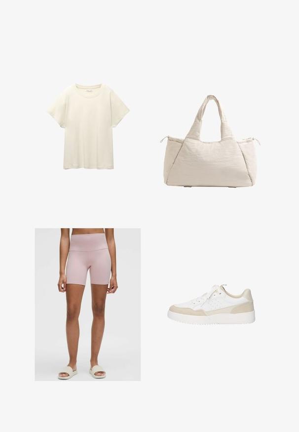 Tricou scurt de culoare bej deschis, cu mâneci scurte și decolteu rotund, realizat dintr-un material moale și neted. Are o croială lejeră și un tiv drept.; Shorts de ciclism roz deschis, cu talie înaltă, confecționați dintr-un material elastic. Prezintă o textură netedă și un design ajustat, având lungimea până la mijlocul coapselor.; Adidă de sport albă, cu un superior din piele netedă și accente din asem̆ănătoare de piele, vârful rotund și o talpă din cauciuc texturat. Sforile sunt pozitionate central.; Geantă tote bej matlasată cu două mânere, formă rotundă, țesătură texturată și un buzunar lateral cu șnur. Finisaj neted, design minimalist.