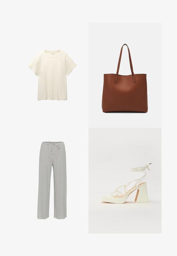 Maglietta a maniche corte beige chiaro con scollatura rotonda, realizzata in un tessuto morbido e liscio. Presenta una vestibilità comoda e un orlo dritto.; Pantaloni larghi a righe in bianco e nero. Realizzati in tessuto morbido con vita elasticizzata e cordoncino per una vestibilità regolabile.; Sandalo bianco con tacco alto, caratterizzato da un design a cinturini e un legaccio alla caviglia. Texture liscia con una piattaforma frontale per un'altezza aggiuntiva.; Borsa tote in pelle marrone con texture liscia, design con apertura superiore e due spallacci. Presenta cuciture minime e nessun hardware visibile.