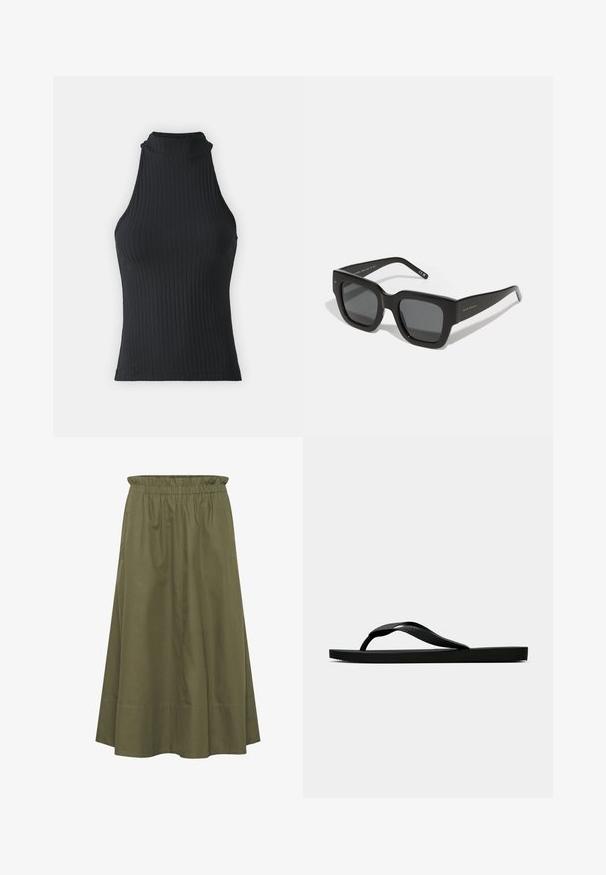 Zwart geribbeld hoog-nekkleed zonder mouwen met een getailleerde pasvorm en rekbaar materiaal, met een subtiele textuur en afgewerkte randen.; Olijf groene katoenen rok met een elastische tailleband, knielange uitvoering en zijzakken. Glad textuur en eenvoudige, vloeiende vorm.; Zwarte rubberen flip-flop sandaal met een getextureerde strap en een eenvoudige platte zool, zijaanzicht op een effen lichte achtergrond.; Zwarte vierkante zonnebril met donkere lenzen, een dik plastic montuur en slanke pootjes. Bevat subtiele branding aan de zijkant.; Zwarte faux-krokodillenleder handtas met een gestructureerd ontwerp, gouden hardware, een bovenhandgreep en een magnetische klepsluiting.