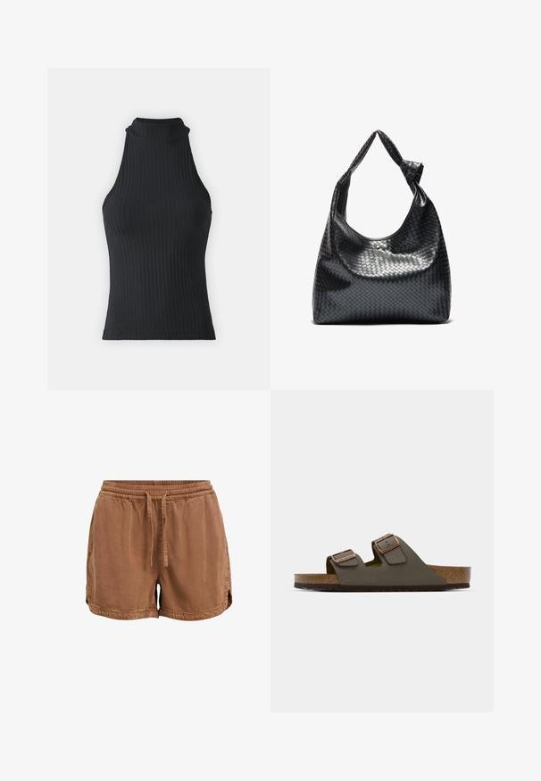 Zwart geribbeld hoog-nekkleed zonder mouwen met een getailleerde pasvorm en rekbaar materiaal, met een subtiele textuur en afgewerkte randen.; Bruine shorts van zacht materiaal, met een elastische tailleband, verstelbaar touwtje en zijzakken. Zoom met kleine zijsplitten.; Donkergroene slip-on sandaal met twee verstelbare banden en koperkleurige hardware, voorzien van een kurken voetbed en een gestructureerde rubberen zool.; Zwarte geweven lederen handtas met een slouchy ontwerp, voorzien van een geknoopte schouderband en een kleine decoratieve gouden stud aan de bovenkant.
