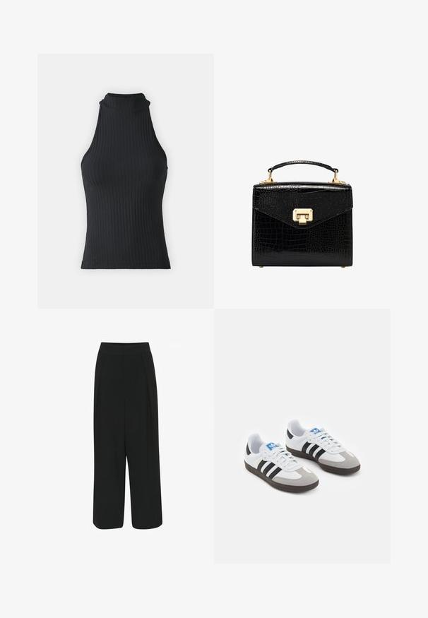 Black ribbed high-neck sleeveless top with a fitted shape and stretchable fabric, featuring a subtle texture and hemmed edges.; Black wide-leg trousers with a waistband, featuring two front pleats and a smooth, non-textured fabric. No visible pockets or embellishments.; Sport shoes with a white leather upper, gray suede toe, and three black stripes. Features a blue logo on the tongue and a textured rubber sole.; Black faux-crocodile leather handbag with a structured design, gold hardware, a top handle, and a magnetic flap closure.