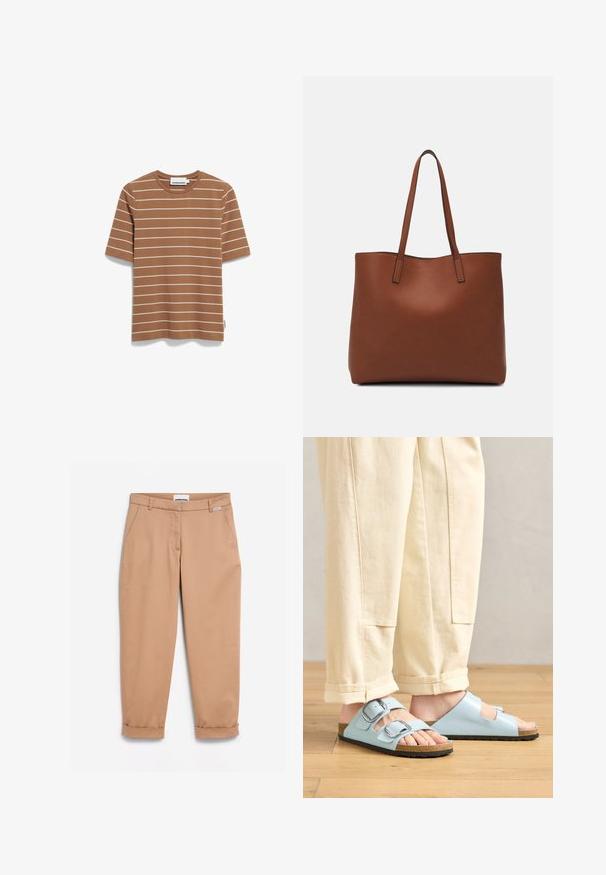 Braunes Baumwoll-T-Shirt mit weißen horizontalen Streifen, kurzen Ärmeln und Rundhalsausschnitt. Verfügt über ein Markenetikett im inneren Nackenbereich.; Beige Hose mit geradem Schnitt, ausgestattet mit Fronttaschen und umgeschlagenen Säumen. Hergestellt aus glattem Material, mit einem Etikett am Bund.; Himmelblaues Offene-Schuhe-Sandalen mit doppelten Schnallen, Korkfußbett und schwarzer Gummisohle, kombiniert mit cremefarbener, weit geschnittener Hose.; Braune Leder-Tote mit glatter Textur, offenem Oberteil und zwei Schulterriemen. Verfügt über minimale Nähte und keine sichtbaren Beschläge.