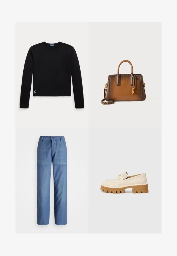 Svart langermet t-skjorte laget av bomull, med rund hals og en liten hvit logo nederst til venstre på fronten.; Lyseblå denimbukser med rett ben-design, som har to framlommer og knappelukking i livet. Glatt tekstur.; Beige loafers med en teksturert kremfarget stropp, med en kraftig brun såle med tannlignende mønstre. Gullfarge på spenne-detaljen.; Brun lærveske med dobbel topphåndtak, avtakbar skulderstropp, gullfarget hardware og en dekorativ anheng med bokstavene "MK."