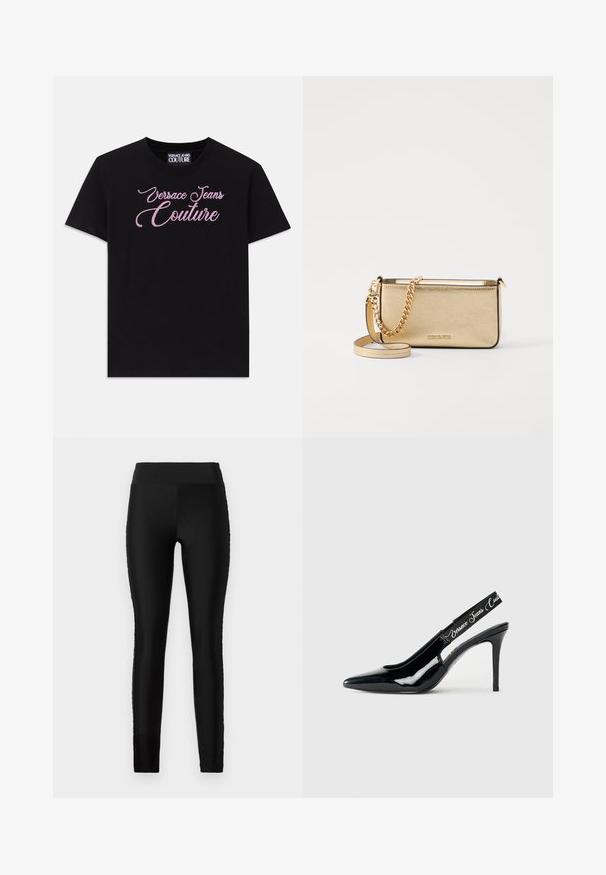 Fekete, rövid ujjú pamut póló, melyen rózsaszín strasszkövekkel díszített "Versace Jeans Couture" felirat található a mellkas területén.; Fekete leggings sima, rugalmas anyagból, magas derékkal és testhezálló kialakítással. Nincsenek látható minták vagy díszítések.; Fekete lakk bőrből készült slingback sarokcipő, hegyes orral, amelyen kivágott rész található, és rugalmas pánt, amelyen a márkaneve van gravírozva.; Fémes arany bőr clutch táska textured felülettel, arany lánc pánttal és levehető vállpánttal. Márkájának logója debösszel.
