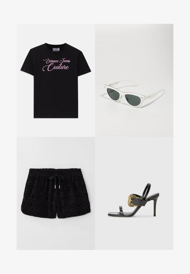 Black cotton t-shirt with short sleeves featuring pink rhinestone embellished "Versace Jeans Couture" text across the chest.; Black shorts featuring a velvet texture with an all-over embossed Versace logo, elastic waistband, and a matching drawstring.; Black leather high-heeled sandals featuring a square toe, two thin straps, and a decorative gold buckle with ornate detailing on the side.; White cat-eye sunglasses with dark lenses, gold accents on the frame, and logo detailing on the side. Smooth plastic material.