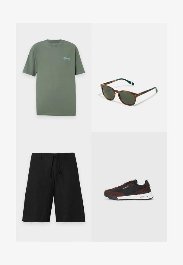 Grünes Baumwoll-T-Shirt mit Rundhalsausschnitt, kurzen Ärmeln und einem kleinen blauen Logo auf der linken Brust. Glatte Textur, lockerer Schnitt.; Schwarze Leinen-Shorts mit einer lockeren Passform, Kordelzugbund und ohne sichtbare Muster. Der Stoff wirkt leicht und hat eine leicht strukturierte Oberfläche.; Tommy Hilfiger RETRO RUNNER MIX - Sneaker low - black/cocoa; Schildkrötensonnenbrille mit grünen Gläsern, runder Form, goldenen Akzenten und dunkelgrünen Bügeln mit einem weißen Streifen.