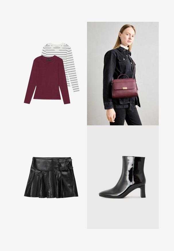 Kaksi pitkähihasta paitaa: yksi tummanpunainen ja yksi valko-harmaaraitainen, joissa on ohuet mustat viivat. Molemmissa on pyöreä pääntie ja pehmeä kangas.; Musta nahkahame, jossa on laskokset, leveä vyötärönauha ja kaksi solkea sivuilla. Sujuva rakenne, jossa on kiiltävä pinta.; Musta patenttilakattu nilkkuri, jossa on terävä kärki ja keskipitkä lohkarekorko. Silkkinen pinta ja minimalistinen muotoilu.; Burgundin värinen nahkainen käsilaukku, jossa on kultainen solki, jämäkkä muoto, yläkahva ja säädettävä olkahihna. Mallilla on päällä farkkutakki.