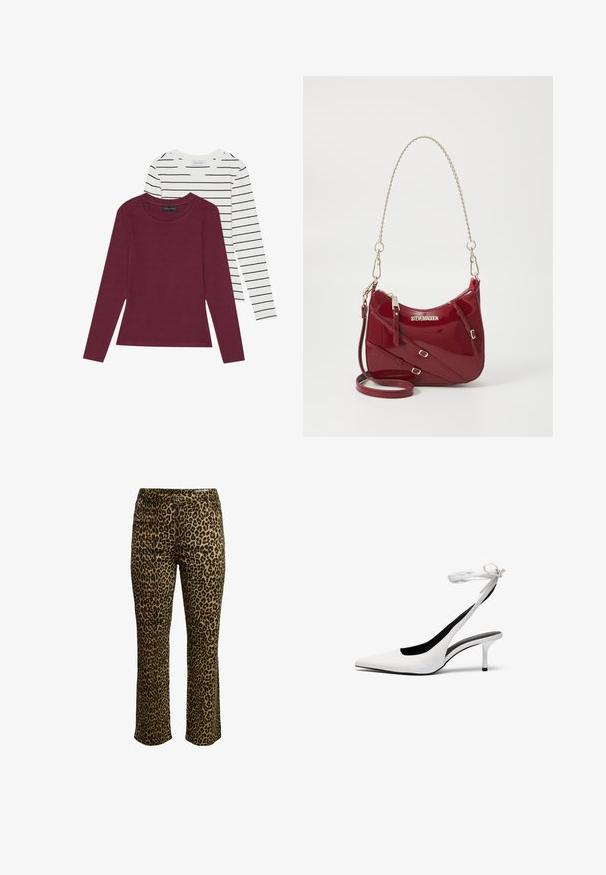 Dvé dlouhé rukávy: jedna jednobarevná vínová a jedna bílá s tenkými černými pruhy. Obě mají kulatý výstřih a měkkou látku.; Kalhoty s leopardím vzorem, které mají úzký střih, zapínání na knoflík a prošitý pas s mírným elastickým materiálem pro pohodlí.; Bílé lodičky s špičatou špičkou a s otevřenou patou, opatřené tenkým páskem kolem kotníku. Hladký kožený materiál, tenký jehlový podpatek a černé vnitřní podšívka.; Červená lakovaná kabelka s zakřiveným tvarem, zlatým řetízkovým popruhem a ozdobnými sponami; na přední straně je logo.