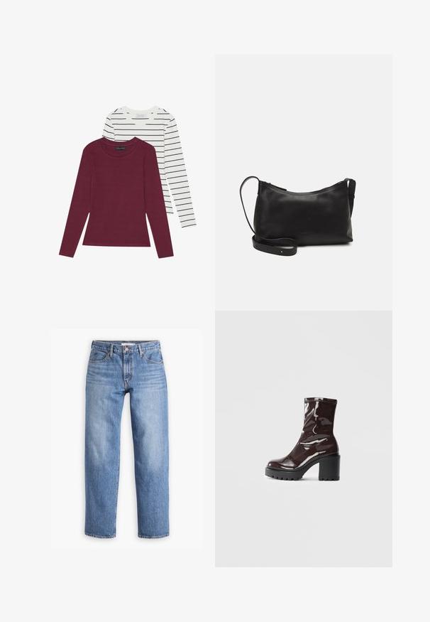 Divi garām piedurknēm krekli: viens viendabīgā bordo krāsā, otrs balts ar plānām melnām svītrām. Abiem ir apaļa kakla izgriezuma forma un maiga auduma sastāvs.; Gaiši zili džinsi ar taisnu kāju piegriezumu, pieciem kabatām un rāvējslēdzēja aizdari. Audums ir ar klasiski teksturētu apdari un nedaudz izbalējis.; Spīdīgas bordo potīšu botītes ar masīlu melnu papēdi, kurām ir gluda tekstūra un vienkāršs dizains. Nav redzamu aizdari vai rakstu.; Melna ādas plecu soma ar gludu tekstūru, izliekta forma, regulējama siksna un rāvējslēdzēja aizdare. Minimālistisks dizains bez rotājumiem.