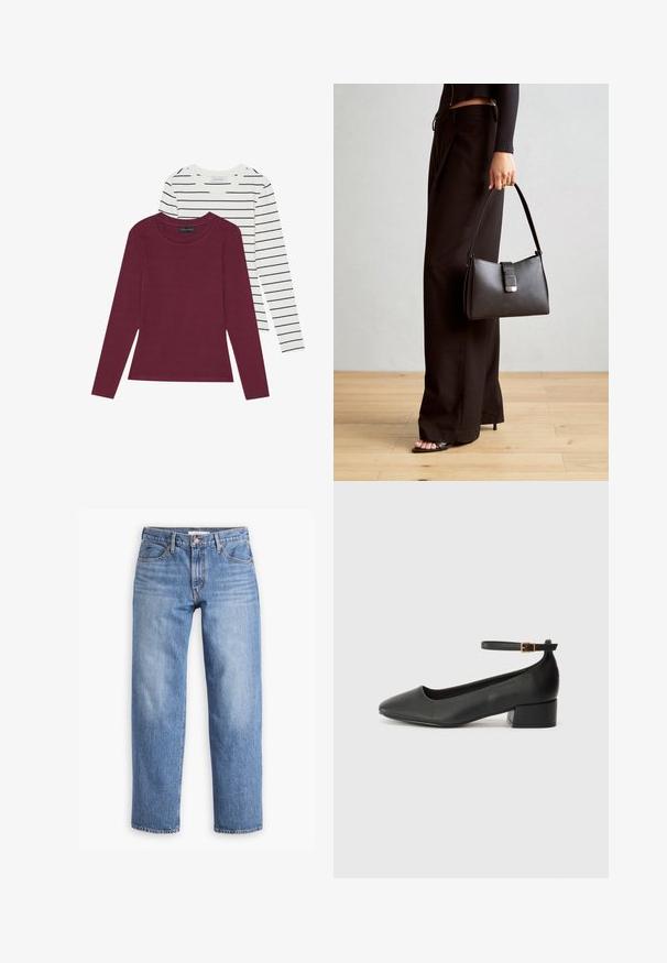 Divi garām piedurknēm krekli: viens viendabīgā bordo krāsā, otrs balts ar plānām melnām svītrām. Abiem ir apaļa kakla izgriezuma forma un maiga auduma sastāvs.; Gaiši zili džinsi ar taisnu kāju piegriezumu, pieciem kabatām un rāvējslēdzēja aizdari. Audums ir ar klasiski teksturētu apdari un nedaudz izbalējis.; Melnas ādas sūkņi ar smailu purngalu un zemu bloku papēdi. Iezīmēts ar potītes siksniņu ar zelta krāsas sprādzi. Gluda tekstūra.; Melnā somiņa ar strukturētu formu, gludu tekstūru un metālu sprādzi. Saskaņota ar platām melnām biksēm un sandālēm ar atvērtu purngalu uz koka grīdas.