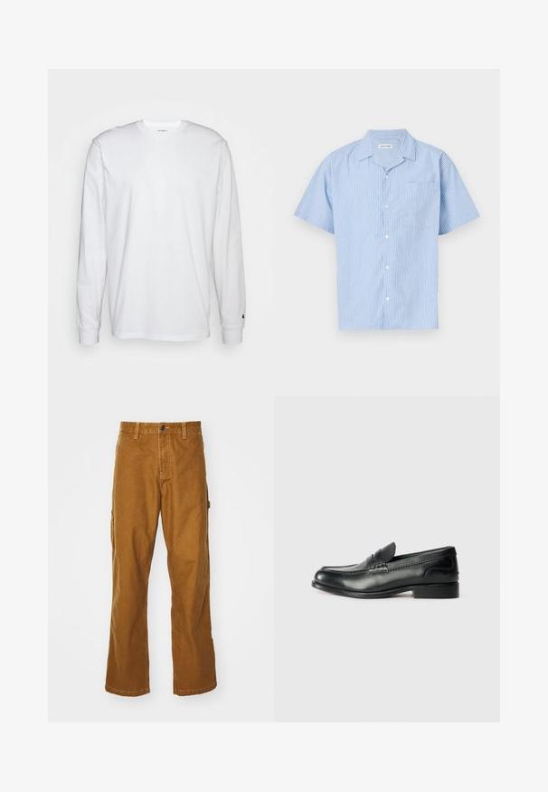 Bela dolgimi rokavi majica iz bombaža. Oblika s krožnim izrezom z rebrastimi manšetami in majhnim logotipom na levi rokavu. Gladka tekstura.; Kratka majica s gumbom s kratkimi rokavi v svetlo modri barvi z navpičnimi belimi črtami. Ima ovratnik in žep na levi strani prsnega dela. Mehka tekstura tkanine.; Rjave bombažne cargo hlače s ravnim krojem, sprednjim gumbom za zapiranje in stranskimi žepi. Gladka tekstura in trpežen material.; Črni usnjeni loafersi z gladko površino, šivanim detajlom čez vamp in rahlo dvignjenim peto.