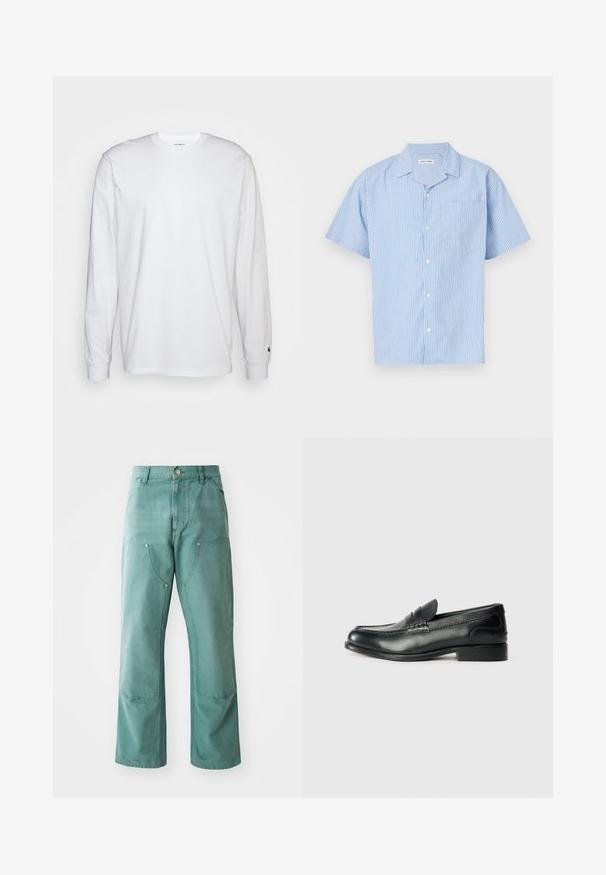 Valge pika varrukaga T-särk, mis on valmistatud puuvillast. Ümmargune kaelus, ribaga mansetid ja väike logo vasakul varrukal. Sile tekstuur.; Lühikeste varrukatega helesinine nööbiga särk, millel on vertikaalsed valged triibud. Omab kraed ja vasakut rinnataskut. Pehme kangastekstuuri.; Suurte jalgadega püksid teelisinisest denimpoolsest kangast. Ees on nurga all avanevad taskud ja metallist nupu aktsendid.; Mustad mustad nahast loafers, mis on kaunistatud sileda viimistluse, õmblusdetailide ja veidi kõrgendatud kannaga.