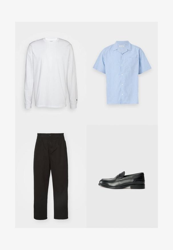 Balta garām piedurknēm T-kreklā, kas izgatavots no kokvilnas. Arapa kakla dizains ar ribotām aprocēm un mazu logotipu uz kreisās piedurknes. Gluda tekstūra.; Gaišzils īsām piedurknēm pogājams krekls ar vertikālām baltām svītrām. Tam ir apkakle un kreisajā krūtī kabata. Mīksta auduma tekstūra.; Melni bikses no gludas auduma, ar pogu aizdari, taisnu griezumu un divām priekšējām krokām papildu detalizācijai.; Melnas ādas loafers ar gludu apdari, izšūtiem detaļām pa vampu un nedaudz paceltu papēdi.
