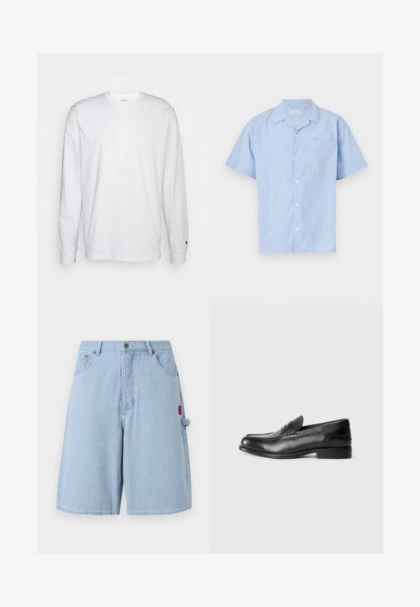 Valge pika varrukaga T-särk, mis on valmistatud puuvillast. Ümmargune kaelus, ribaga mansetid ja väike logo vasakul varrukal. Sile tekstuur.; Lühikeste varrukatega helesinine nööbiga särk, millel on vertikaalsed valged triibud. Omab kraed ja vasakut rinnataskut. Pehme kangastekstuuri.; Heled sinised denim lühikesed püksid, millel on tekstuuriga muster, kaks esipoolset taskut ja küljetasku punase sildiga detailiga.; Mustad mustad nahast loafers, mis on kaunistatud sileda viimistluse, õmblusdetailide ja veidi kõrgendatud kannaga.