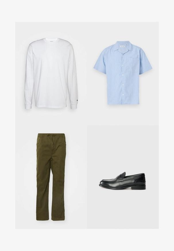 Valge pika varrukaga T-särk, mis on valmistatud puuvillast. Ümmargune kaelus, ribaga mansetid ja väike logo vasakul varrukal. Sile tekstuur.; Lühikeste varrukatega helesinine nööbiga särk, millel on vertikaalsed valged triibud. Omab kraed ja vasakut rinnataskut. Pehme kangastekstuuri.; Oliiviroheline puuvillane cargo-püksid, millel on nööriga vöökoht, sirged sääred, küljetaskud ja sile tekstuur.; Mustad mustad nahast loafers, mis on kaunistatud sileda viimistluse, õmblusdetailide ja veidi kõrgendatud kannaga.