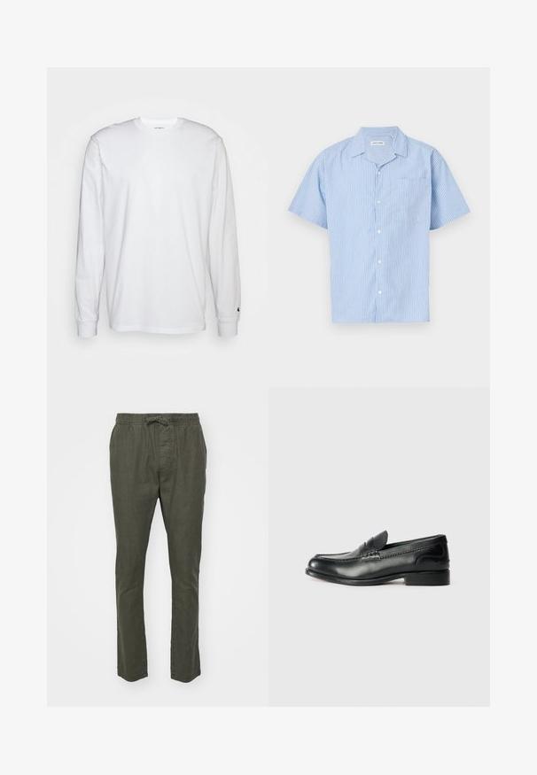 Weißes Langarm-T-Shirt aus Baumwolle. Rundhals-Design mit gerippten Bündchen und kleinem Logo auf dem linken Ärmel. Glatte Textur.; Kurzarm-Hemd mit Knöpfen in Hellblau und vertikalen weißen Streifen. Mit Kragen und einer Brusttasche auf der linken Seite. Weiche Stofftextur.; Olivengrüne, leichte, gewebte Hosen mit einem elastischen Bund und Kordelzug. Bequeme gerade Passform mit Seitentaschen und glatter Textur.; Schwarze Lederloafers mit glatter Oberfläche, gesteppten Details über dem Vorderblatt und einem leicht erhöhten Absatz.
