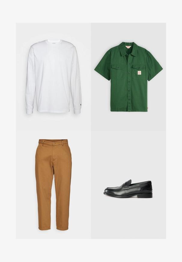 Λευκό μπλουζάκι με μακριά μανίκια από βαμβάκι. Σχέδιο crew neck με ριμπ μανίκια και μικρό λογότυπο στο αριστερό μανίκι. Λείος υφάνσεις.; Πράσινο βαμβακερό πουκάμισο κοντό μανίκι με κουμπιά μπροστά, δύο τσέπες μπροστά στο στήθος και μια μικρή ετικέτα στην αριστερή τσέπη. Απλό, χωρίς σχέδια.; Καφέ παντελόνι με ίσια γραμμή, μαλακή υφή, κλείσιμο με κουμπί και θηλιές για ζώνη. Διαθέτει κλασικό σχεδιασμό και χωρίς ορατά σχέδια.; Μαύρα δερμάτινα μοκασίνια με μαλακή υφή, ραμμένες λεπτομέρειες στη βεντάλια και ελαφρώς ανυψωμένη φτέρνα.
