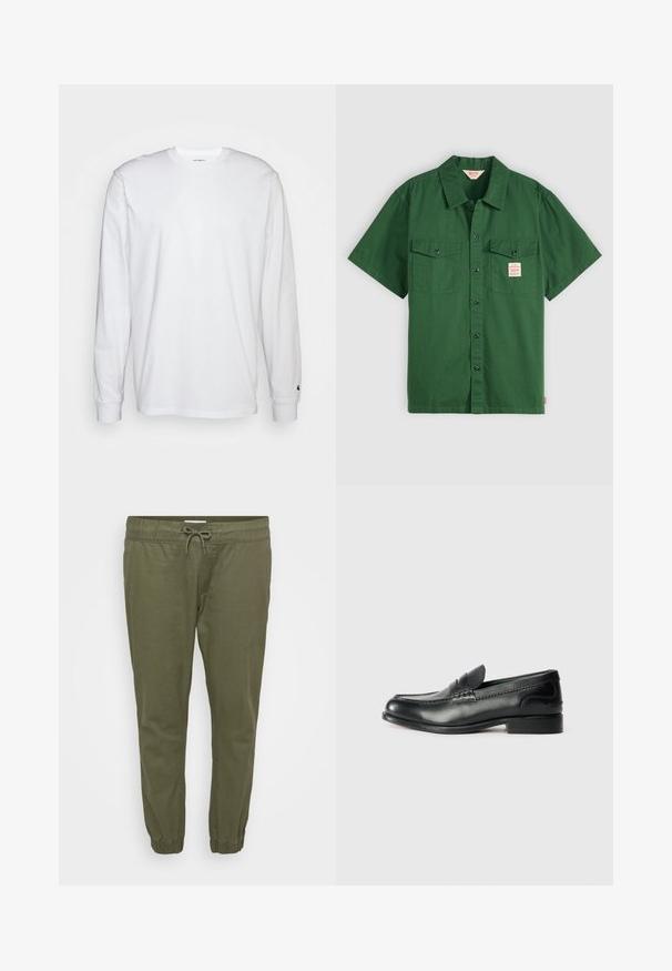 T-shirt blanc à manches longues en coton. Design à col rond avec des poignets côtelés et un petit logo sur la manche gauche. Texture lisse.; Chemise en coton verte à manches courtes avec des boutons sur le devant, deux poches poitrine et une petite étiquette sur la poche gauche. Unie, sans motifs.; Pantalons taperés légers en vert olive, avec une taille élastique, un cordon de serrage ajustable et des poignets élastiques aux chevilles. Texture lisse.; Mocassins en cuir noir avec une finition lisse, des détails cousus sur le devant et un talon légèrement surélevé.