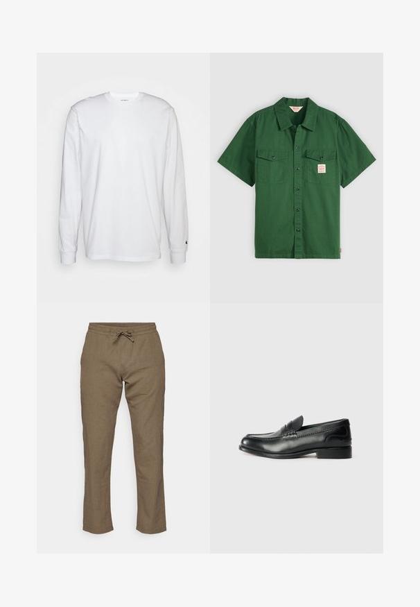 Weißes Langarm-T-Shirt aus Baumwolle. Rundhals-Design mit gerippten Bündchen und kleinem Logo auf dem linken Ärmel. Glatte Textur.; Kurzärmeliges grünes Baumwollhemd mit Knopfleiste, zwei Brusttaschen und einem kleinen Etikett auf der linken Tasche. Schlicht, ohne Muster.; Jack & Jones JPSTKANE SUMMER JOGGER - Stoffhose - dusty olive; Schwarze Lederloafers mit glatter Oberfläche, gesteppten Details über dem Vorderblatt und einem leicht erhöhten Absatz.