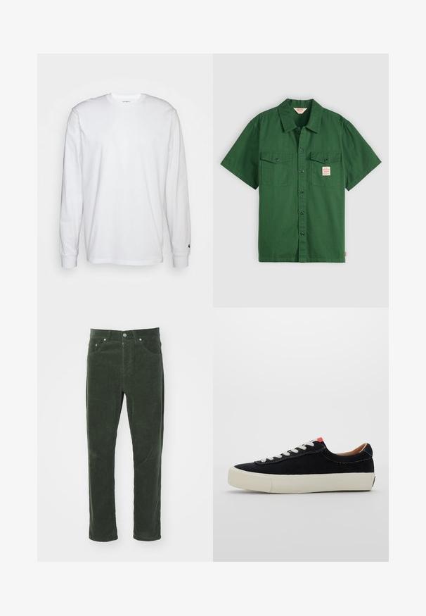 Tricou alb cu mâneci lungi, din bumbac. Design cu guler rotund, cu manșete ribbate și un logo mic pe mâneca stângă. Textură netedă.; Cămașă de bumbac verde cu mânecă scurtă, cu închidere cu nasturi, două buzunare la piept și o etichetă mică pe buzunarul stâng. Simplă, fără modele.; Pantaloni din catifea verde cu un design drept, având cinci buzunare, sistem de închidere cu buton metalic și suprafață texturată cu riburi.; Tenisi negri din material textil, cușme albe, talpă din cauciuc bej și un accent roșu la călcâi. Vârf rotunjit și detalii de cusătură minime.